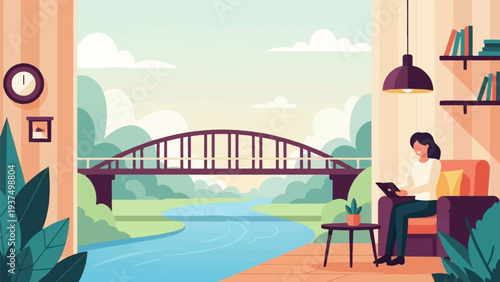 Woman relaxing indoors with a tablet, a scenic river and bridge view