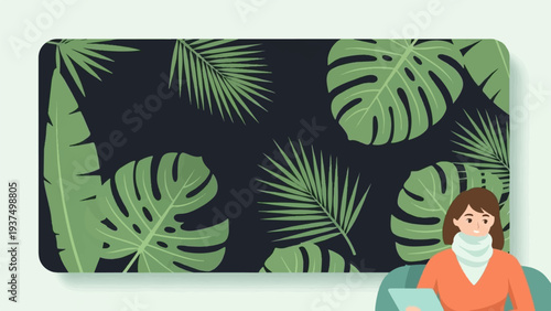 Woman relaxing indoors amidst tropical foliage on a dark background