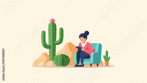 Woman relaxing in a desert oasis, using a tablet computer