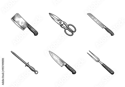 Vintage etching style collection of professional kitchen tools including cleaver scissors bread knife sharpening steel chefs knife and carving fork