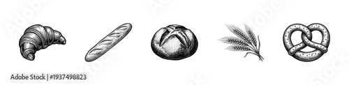 Vintage style hand drawn bakery set featuring croissant baguette sourdough bread wheat ears and pretzel in black and white engraving