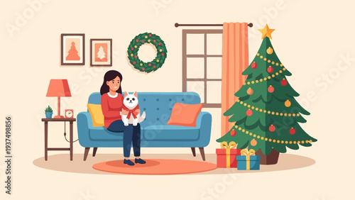 Woman sits with cat near Christmas tree and gifts, cozy interior