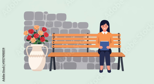 Woman sits on bench near stone wall with vase of roses