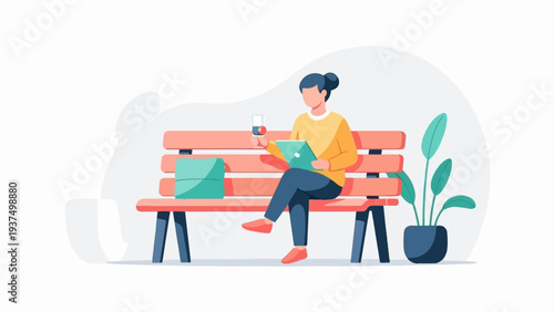 Woman sitting on a bench with a laptop and a drink
