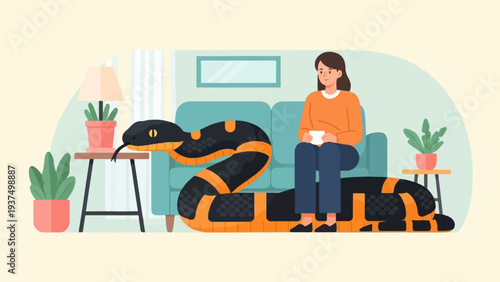 Woman sitting on sofa with a large snake coiled around it