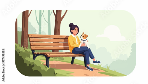 Woman sitting on park bench holding a small dog in her lap outdoors