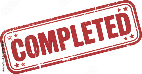 A bold red stamp with the word completed and a starburst pattern in the background