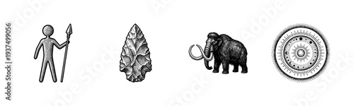 Ancient civilization and prehistoric era illustrations featuring a hunter with spear, flint arrowhead, woolly mammoth, and celestial sun calendar in woodcut engraving style.