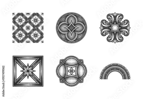 Collection of vintage architectural ornaments and decorative heraldic elements in classic woodcut engraving style