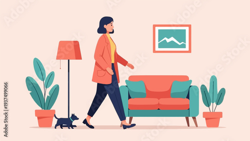 Woman walks past a dog and sofa in a living room