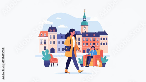 Woman walks by a seated person with a dog, buildings, and plants