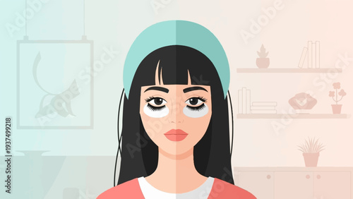 Woman with eye patches and headband in a room with shelves