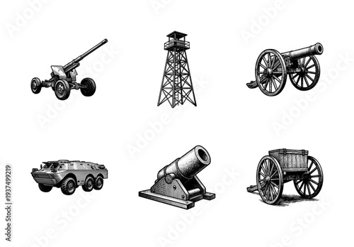 Vintage military equipment and artillery collection featuring woodcut style illustrations of cannons, armored vehicle, watchtower, and mortar