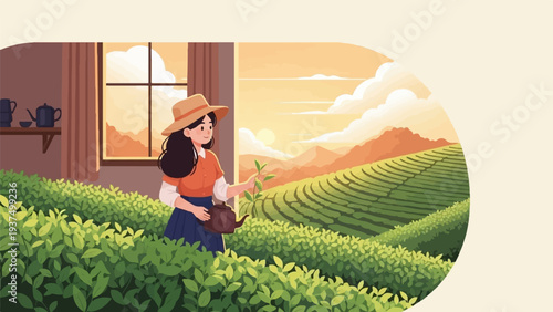 Woman with hat and teapot harvests tea leaves on a sunny day at the plantation