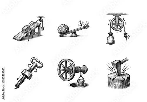 Vintage engraving of six simple machines including inclined plane, lever, pulley, screw, wheel and axle, and wedge used in physics and mechanics.