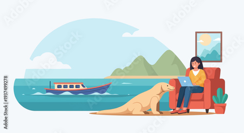 Woman with laptop and dog relaxing by water with boat and mountains