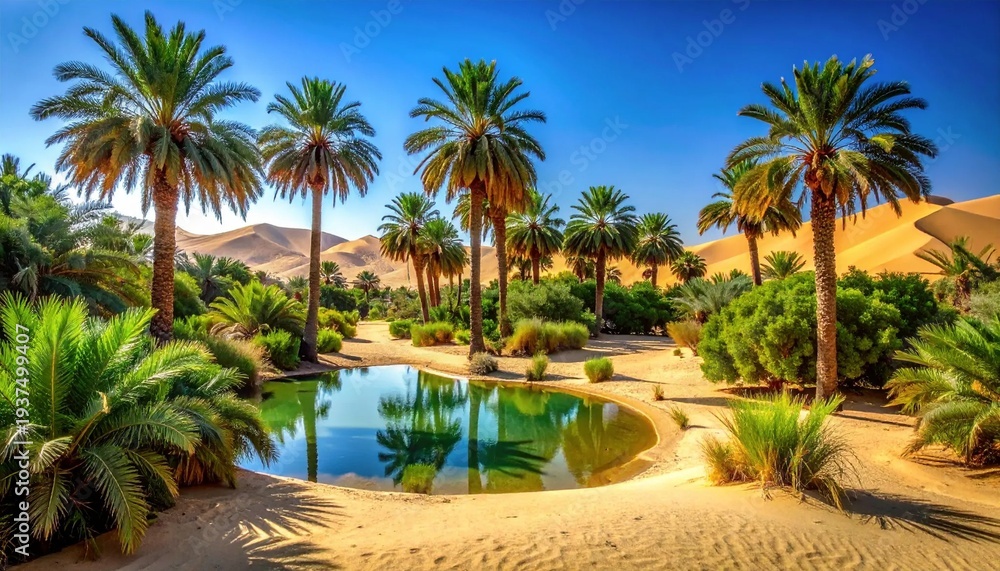 Fototapeta premium Vibrant Oasis in the Sahara Desert with Palm Trees and Reflecting Water.