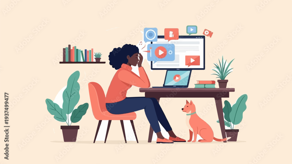 Fototapeta premium Woman working at desk with laptop, dog nearby, plants, bookshelf