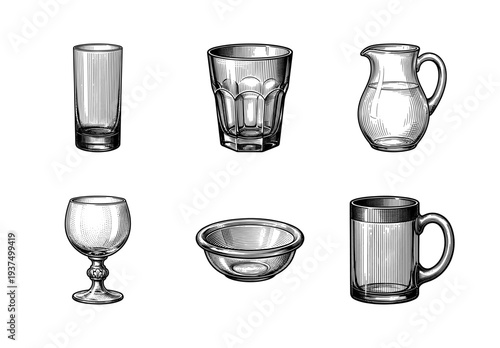 Vintage engraving style collection of glassware and kitchen vessels including tumblers, pitcher, wine glass, bowl, and mug
