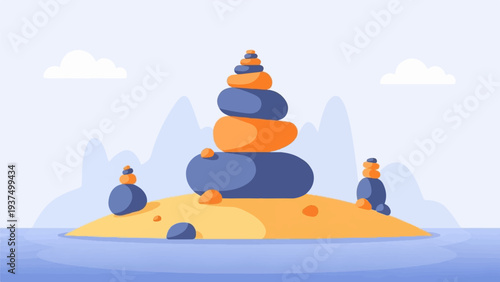 Zen stones stacked on a tranquil island with soft clouds overhead