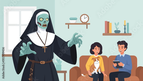 Zombie nun looms over therapy session with dog, people, and furniture