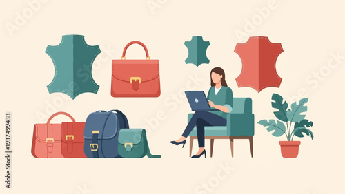 Woman with laptop near leather samples and bags
