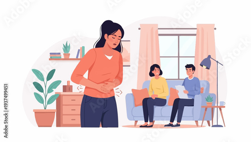 Woman with stomach pain, while a couple watches supportively