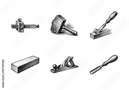 Collection of vintage woodworking hand tools including mallet chisel and plane in a detailed monochrome engraving style