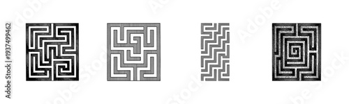 Set of four vintage maze and labyrinth woodcut illustrations featuring geometric square and rectangular path designs in monochrome line art style.
