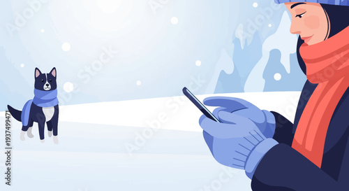 Woman with phone and dog in snowy winter landscape
