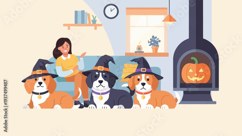 Woman with three dogs in witch hats by fireplace with jack-o-lantern