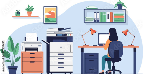 Woman working at desk with printer, copier, plants, and bookshelf