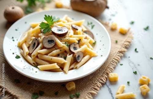 Plate of penne pasta with mushroom slices and parsley garnish on burlap. Creamy sauce coats pasta tubes. Side dish shows cheese cubes and herbs scattered on marble surface.