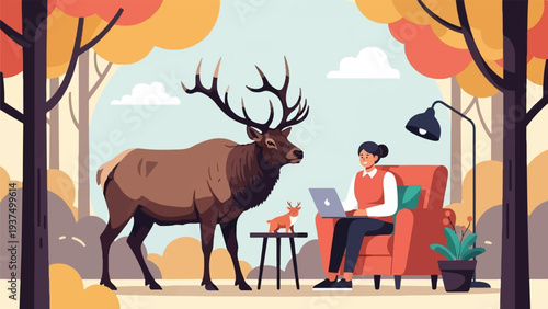 Woman working on laptop with deer in an autumnal forest setting