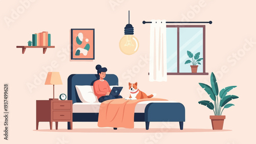 Woman working on laptop with dog on bed, interior scene with plants