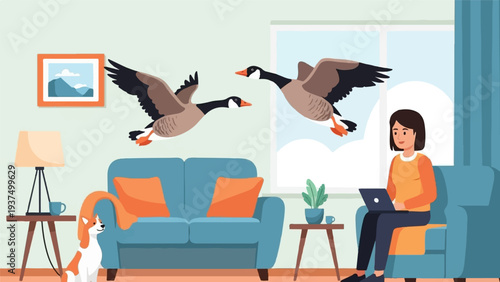 Woman working on laptop with geese flying indoors near a dog