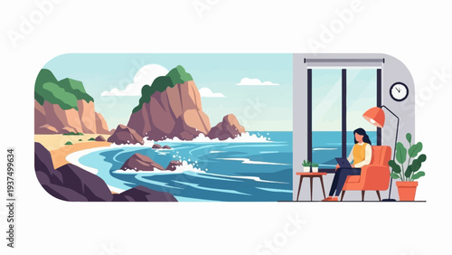 Woman working on laptop with ocean view from cozy room