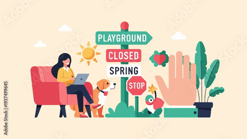 Woman working on laptop with dog near playground sign and hand
