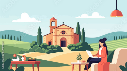 Woman working remotely in Tuscan countryside with church and rolling hills