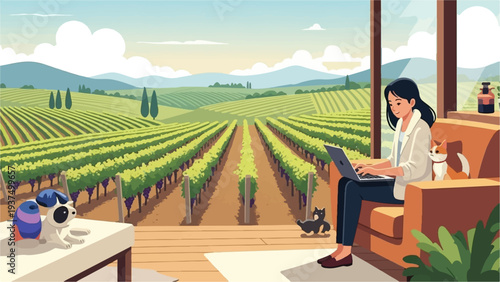 Woman working remotely in a vineyard with pets