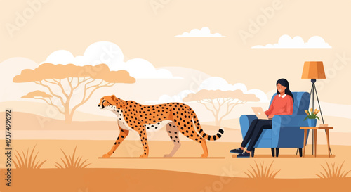 Woman works on laptop in blue armchair with cheetah and savanna trees
