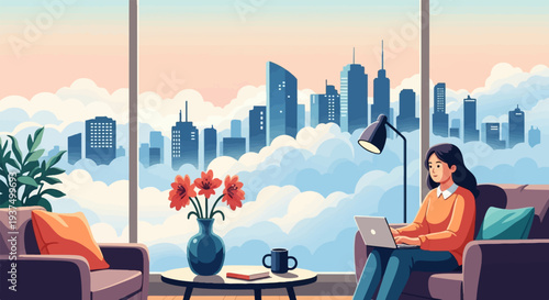 Woman works on laptop in cozy room overlooking cityscape in clouds