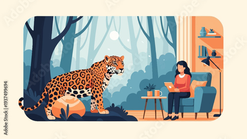 Woman works on laptop in cozy room, jaguar lurks in misty forest