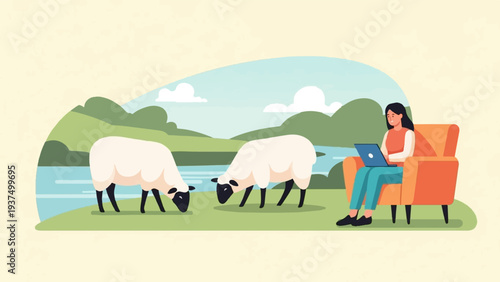 Woman works on laptop in armchair while sheep graze by a lake with hills