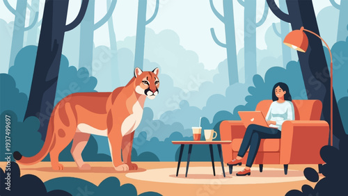 Woman works on laptop in cozy armchair with cougar nearby in forest