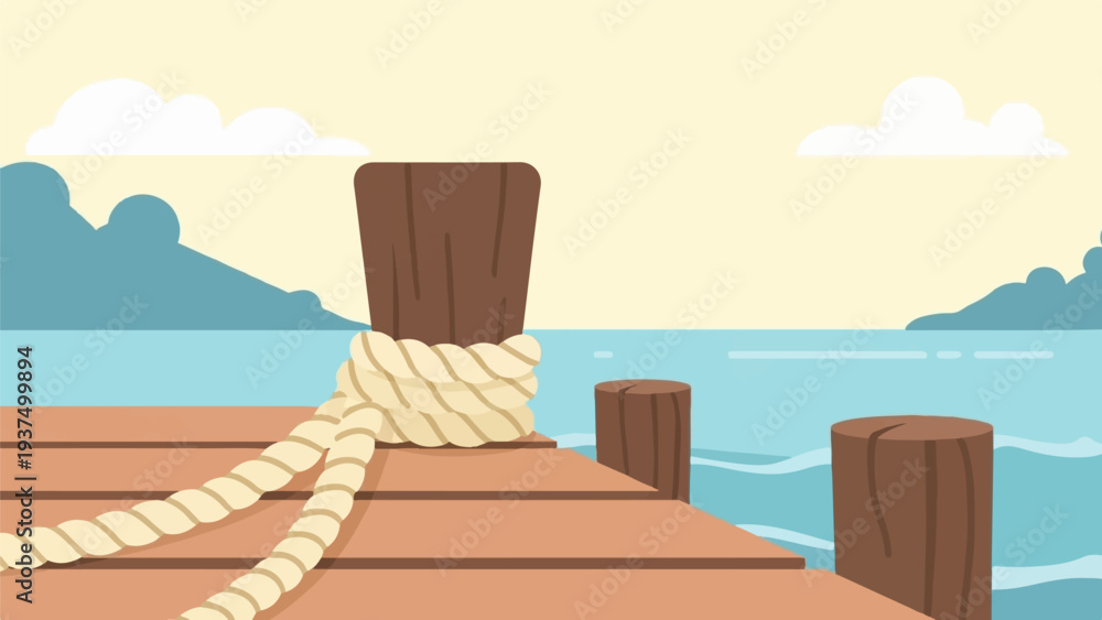 Fototapeta premium Wooden pier posts with rope and calm blue water under a pale sky