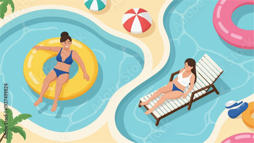 Women relaxing by a sparkling blue pool on a sunny day, enjoying summer