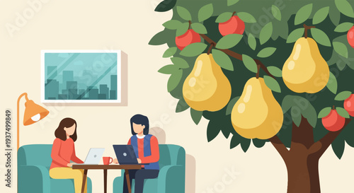 Women working on laptops near a pear tree indoors
