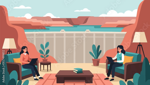 Women working remotely by a dam in a surreal desert landscape