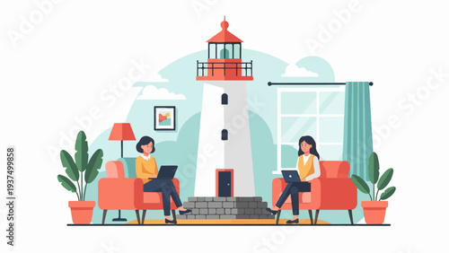 Women working remotely from home near a lighthouse, with plants